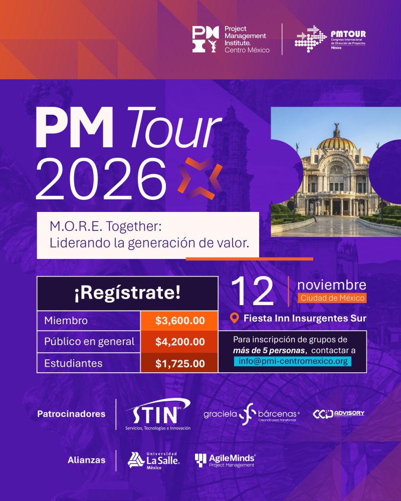 Flyer del PMTour 2026, congreso de PMI Capítulo México el 12 de noviembre en Ciudad de México, con Agile Minds® como aliado